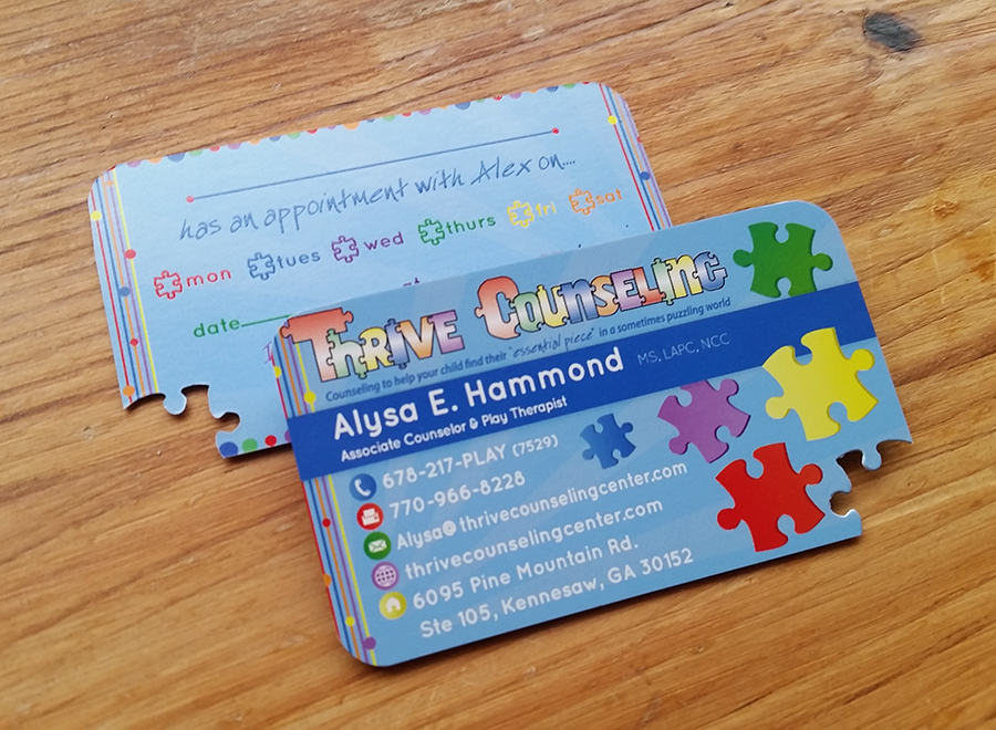 Thrive Counseing Custom Cutout Business Card Design with puzzle piece die cut