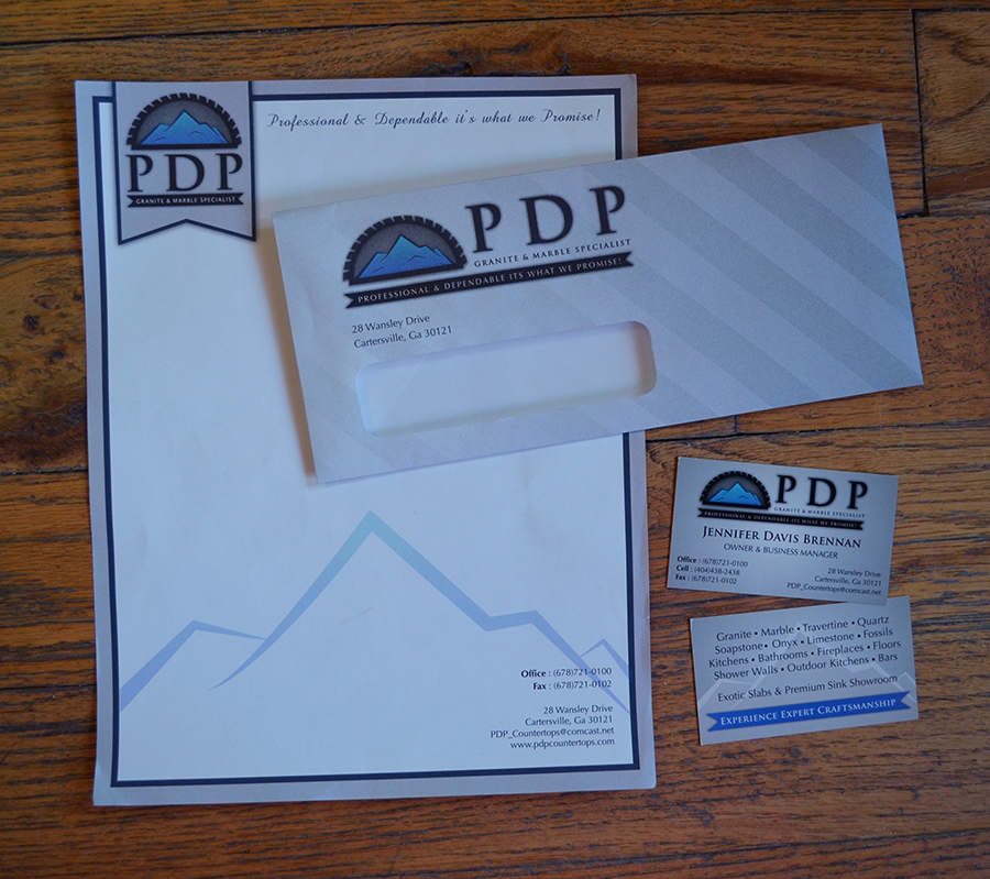 PDP Granite & Marble Specialist Letterhead, Envelope, and Business Card Design