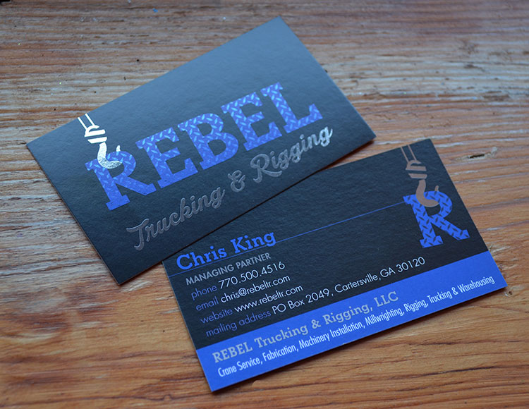 Rebel Trucking & Rigging Business Card Design with silver foil