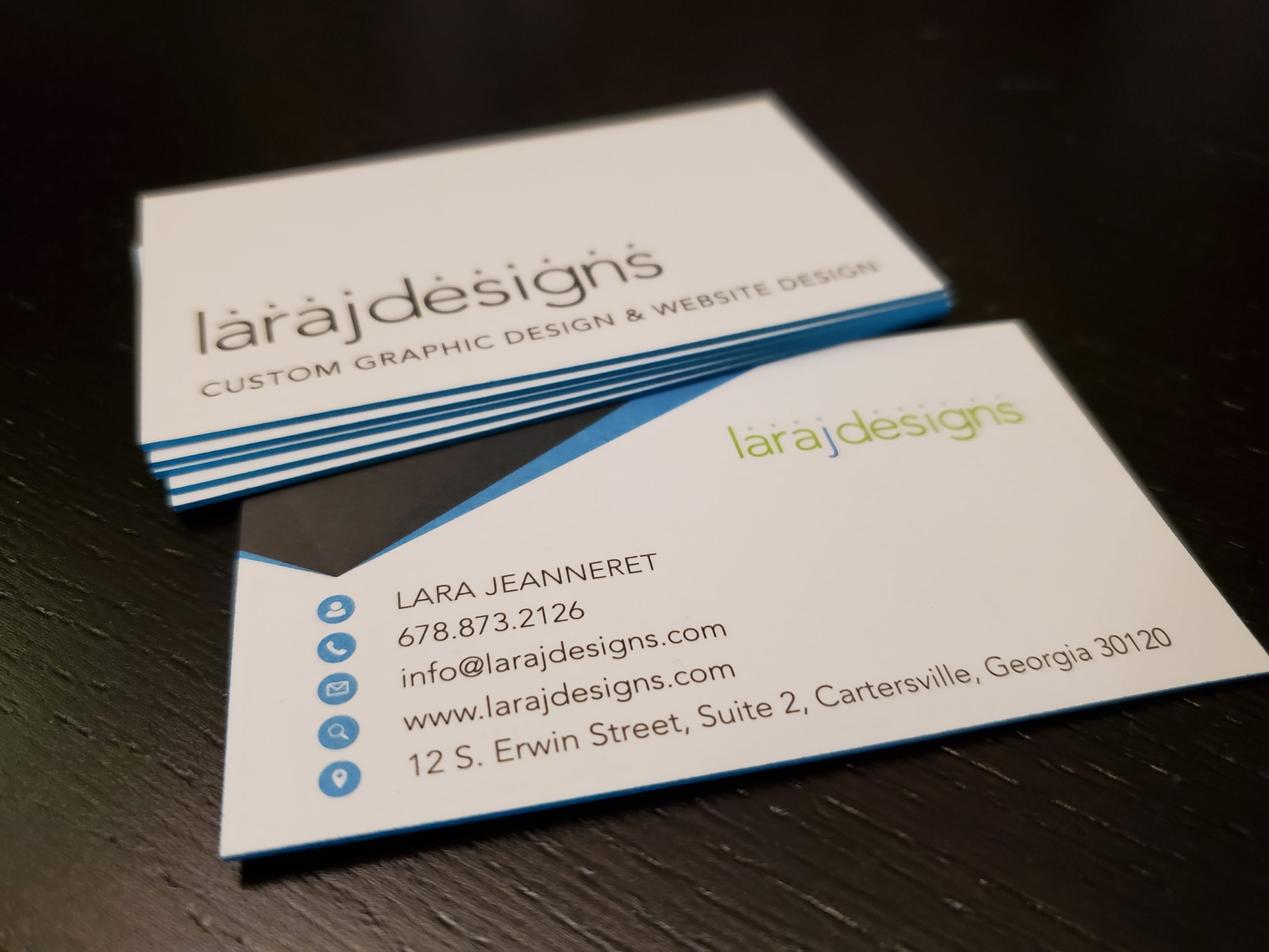 Lara J Designs Business Card Design with Blue Painted Edge