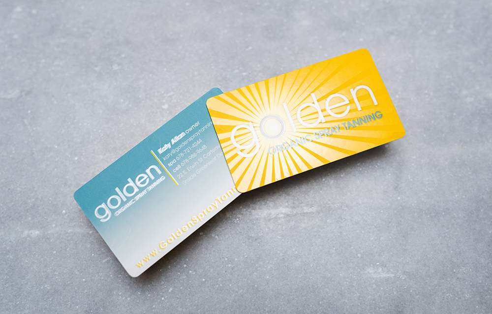 Golden Organic Spray Tanning Business Card with Raised UV Design | Lara J Designs | Cartersville Georgia