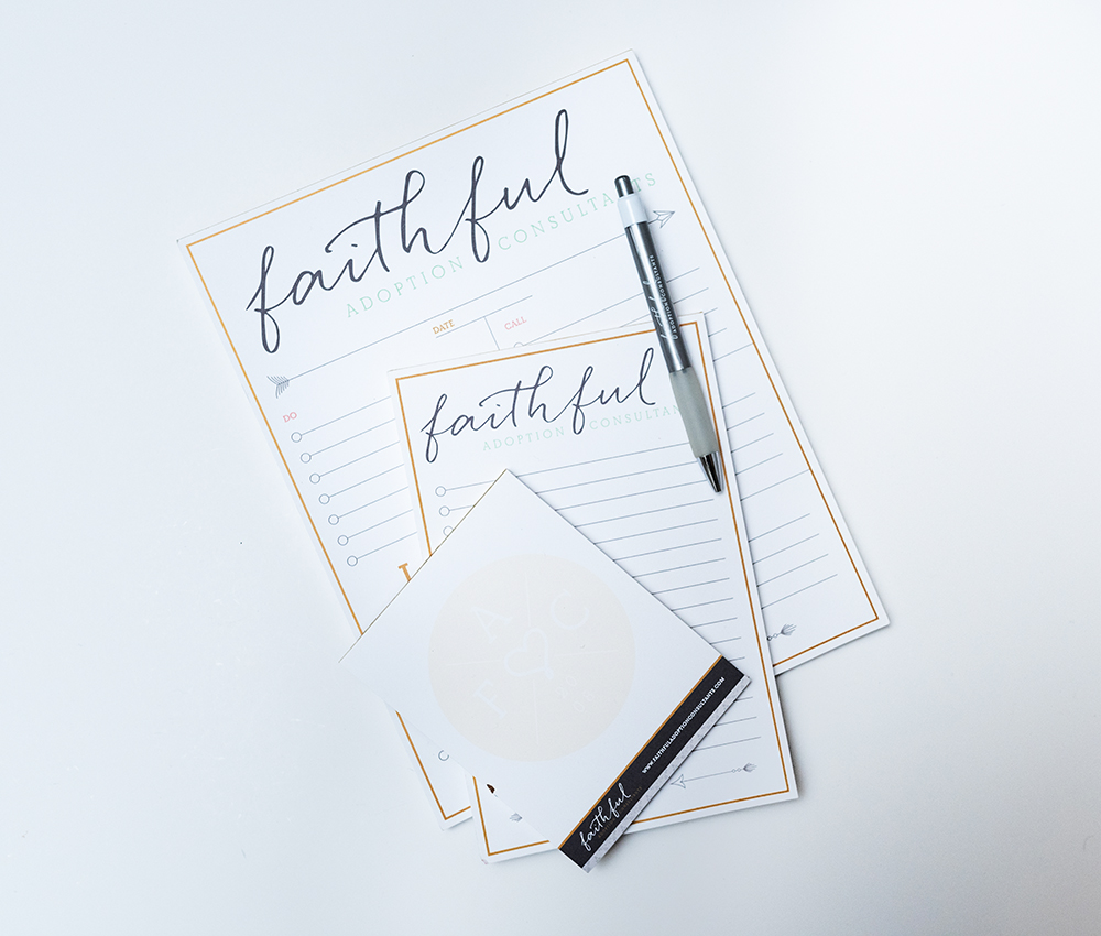 Faithful Adoption Consultants Stationery, Notepad, Pen, Promotional Item Design | Lara J Designs | Cartersville Georgia