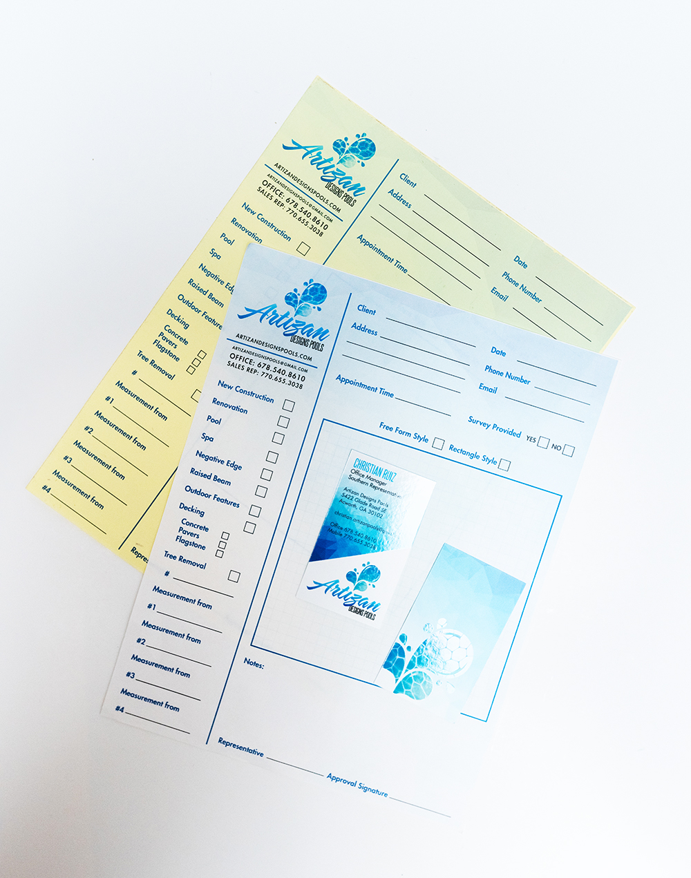 Artizan Design Pools Order Form and Business Card Design | Lara J Designs | Cartersville Georgia
