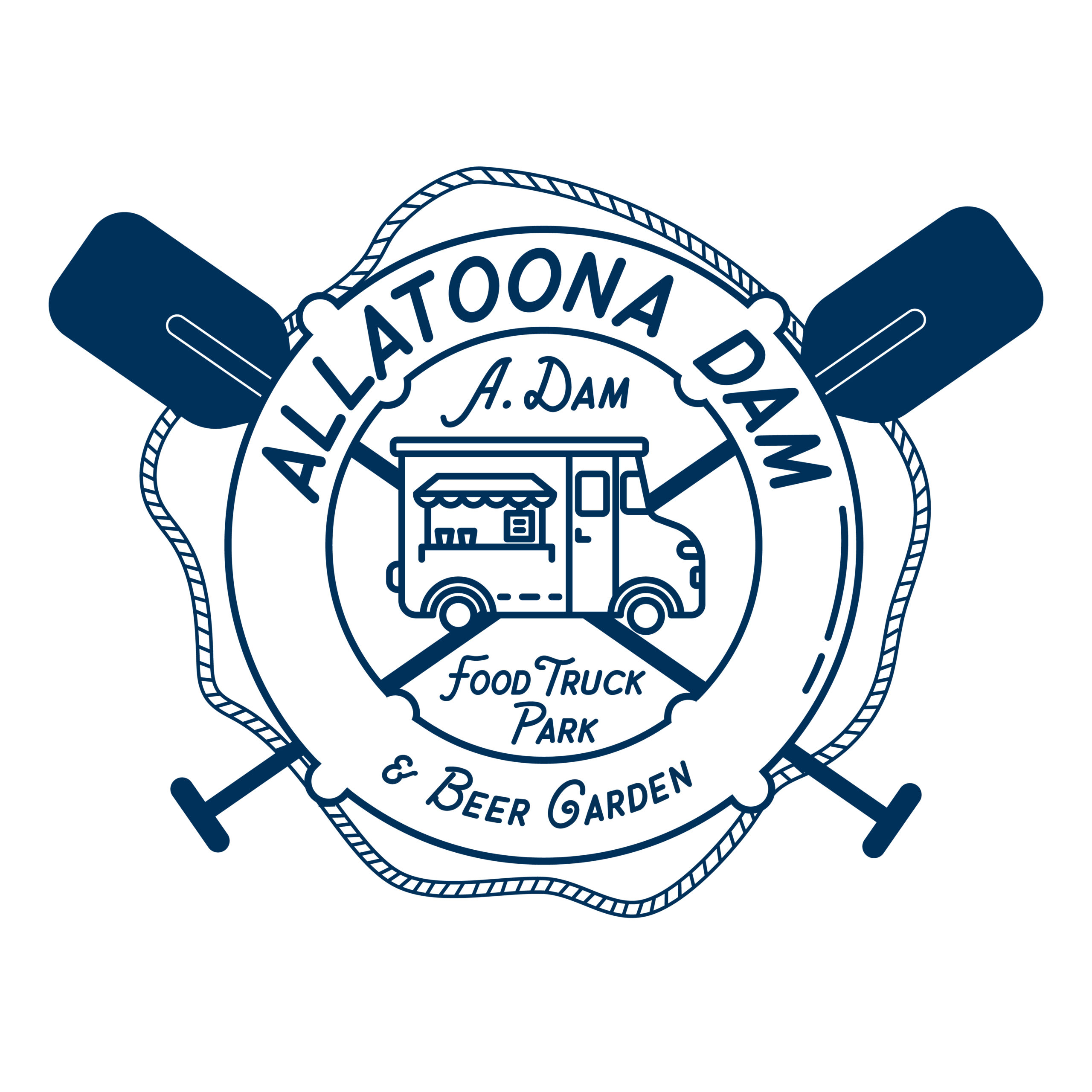 logo design for Allatoona Dam Food Truck Park featuring a life preserver and oars around a food truck