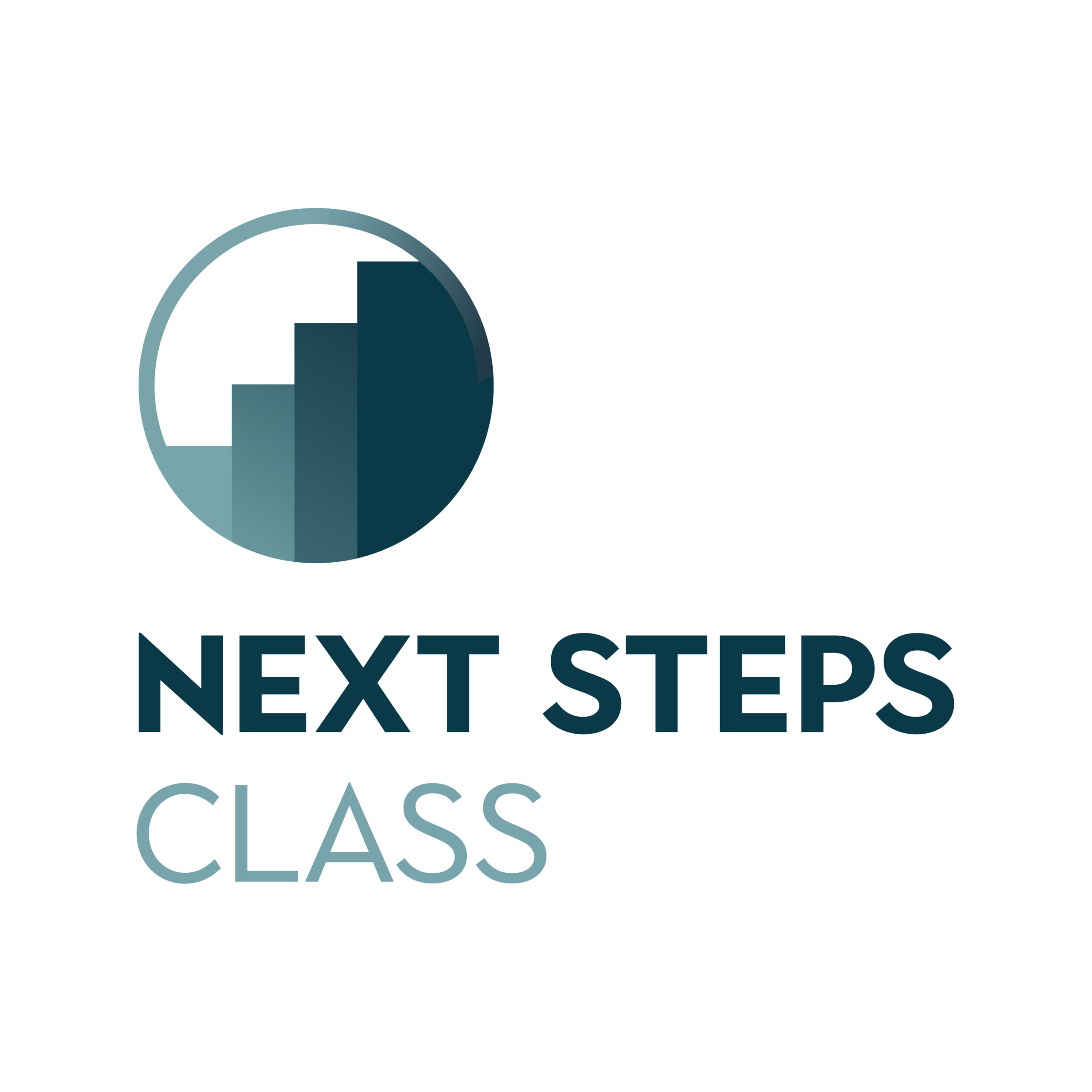custom logo design for Next Steps Class with teal gradient steps within a circle as an icon