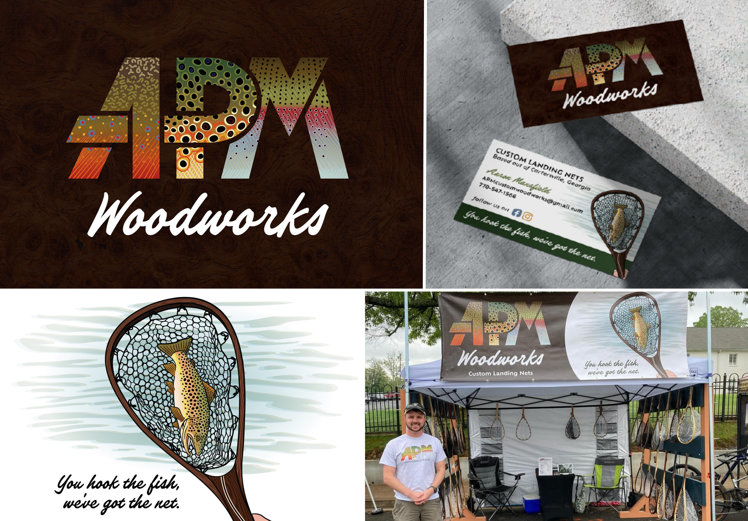 APM Woodworks grid of project images including Logo Design, Business Card Design, Electronic Illustration, and Banner Design