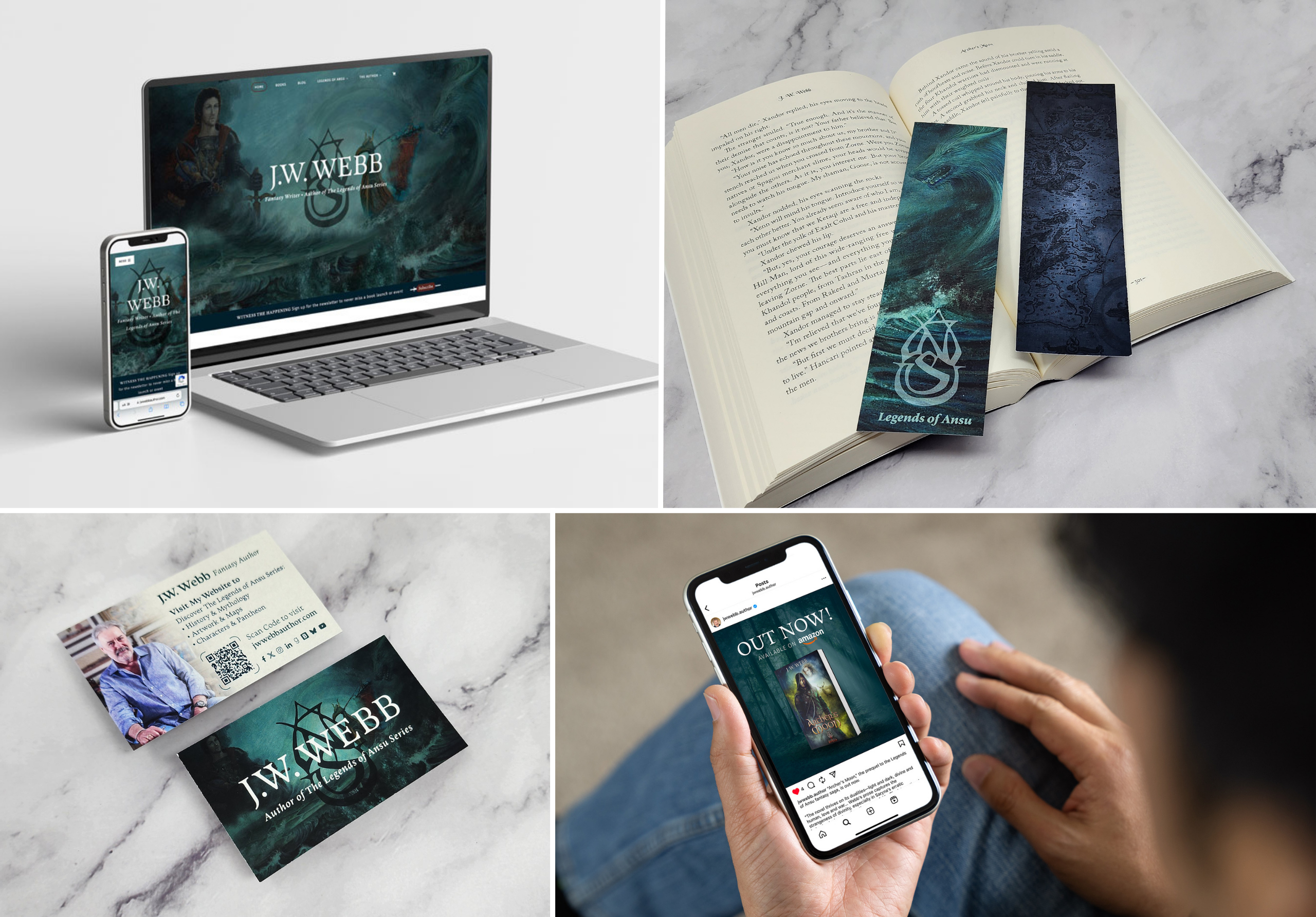 J.W. Webb, Fantasy Author projects including website design, bookmarks, business cards, and social media management.