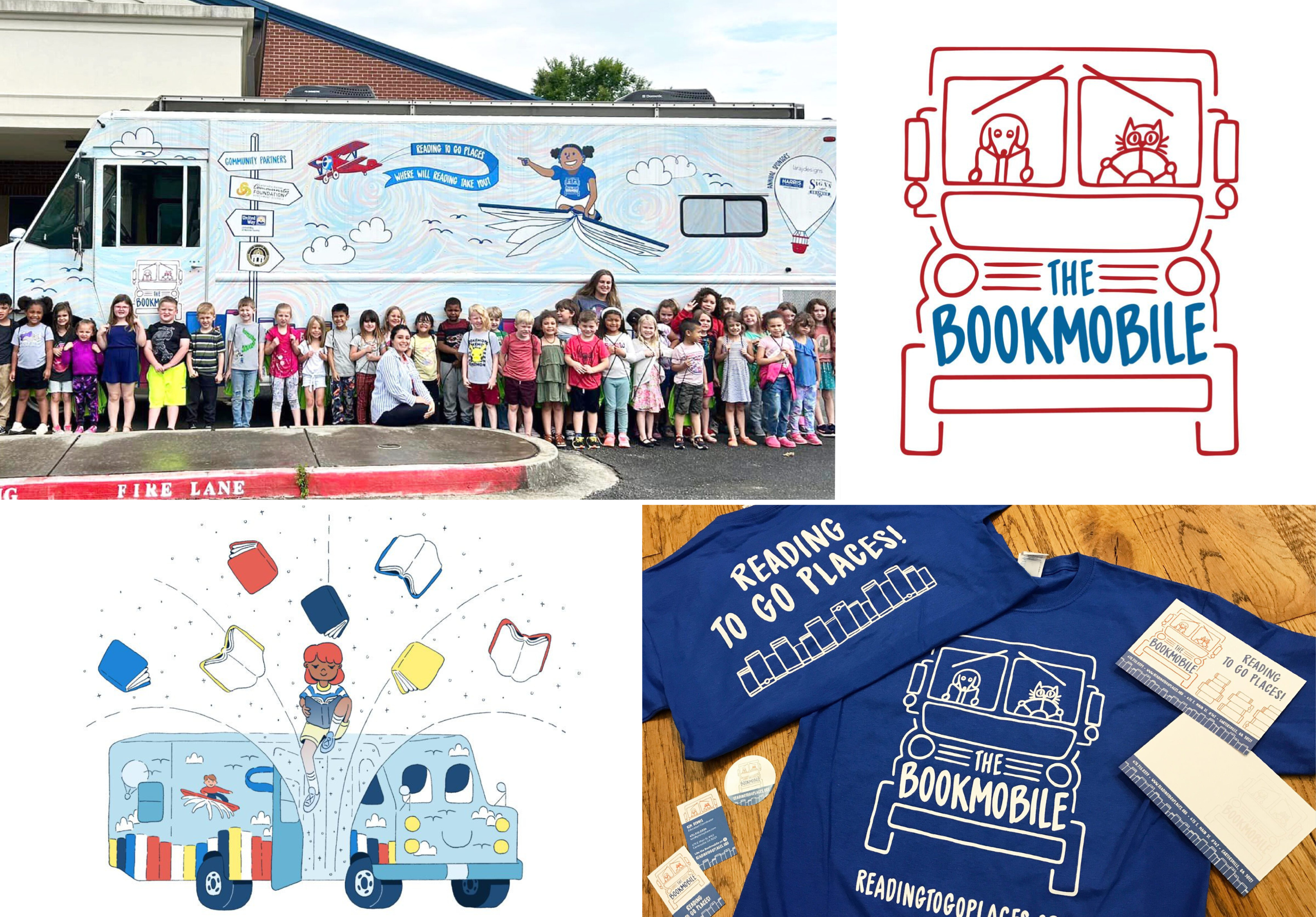The bookmobile vehicle wrap design, logo design, digital illustration, and t-shirt design