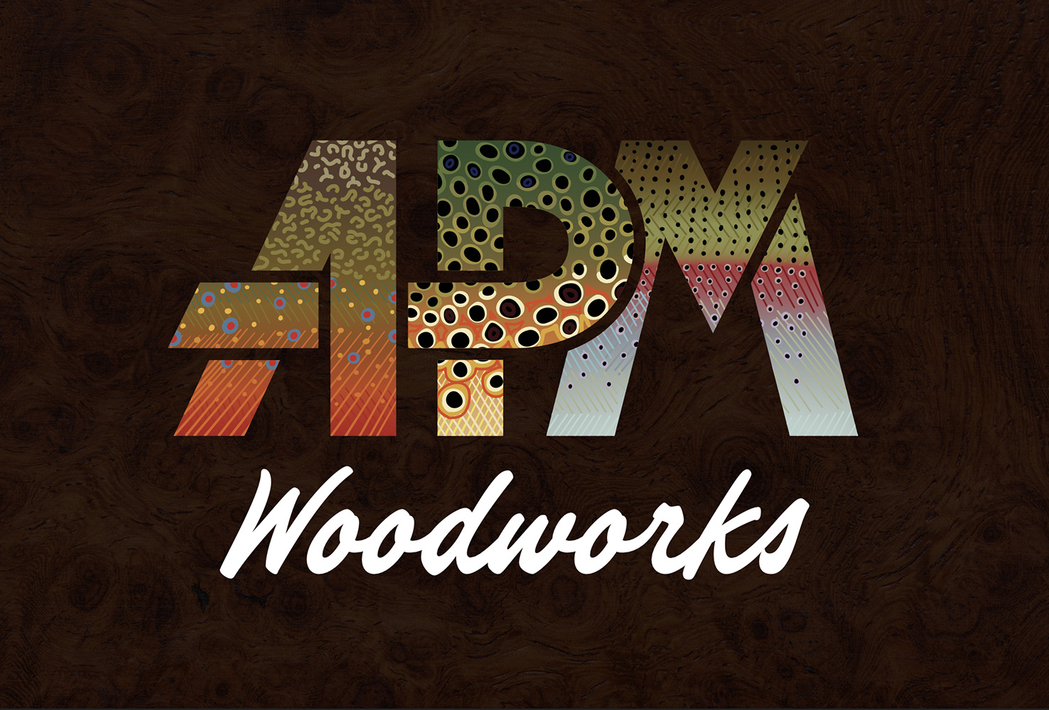 APM Woodworks logo featuring trout texture